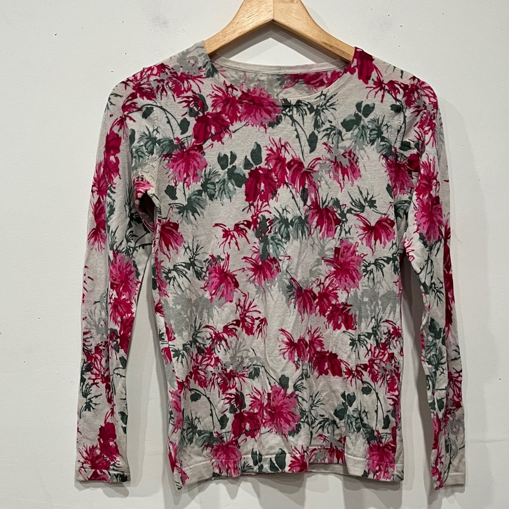 Garnet Hill Merino Wool Pullover Sweater Floral Pattern Cream Pink Green size S
